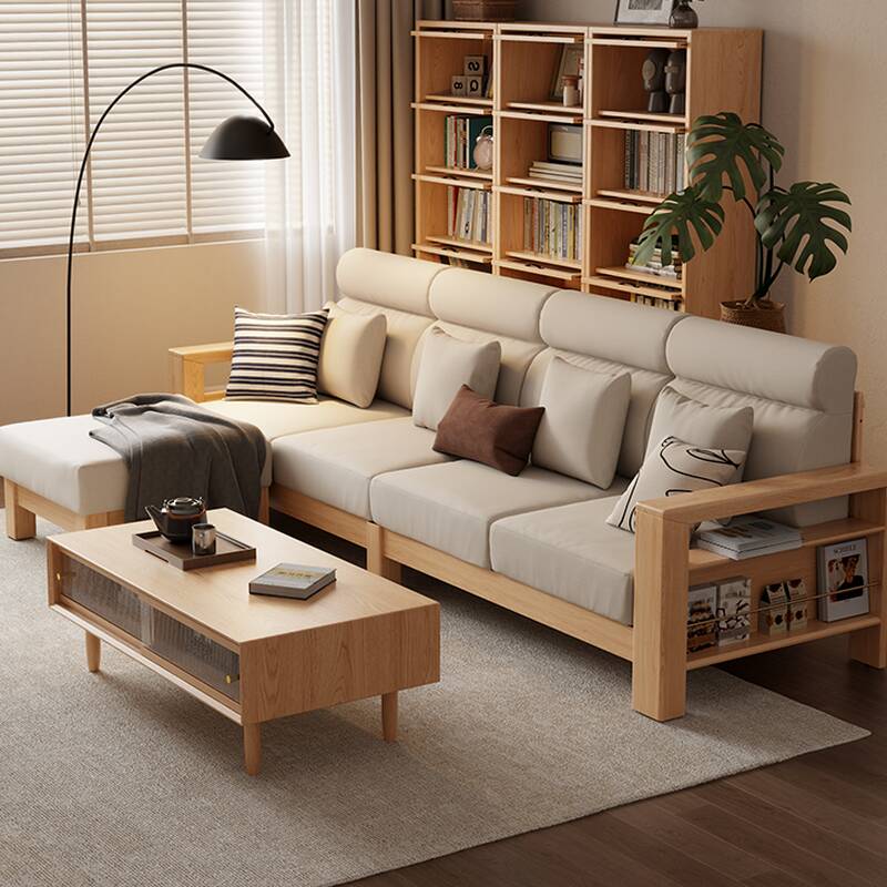 Minimalist Sofa Couch in Dark Grey/Cream, 4-seater, with Square Arm, Stockroom Storage, Includes 1-Ottoman and 2 Pillows