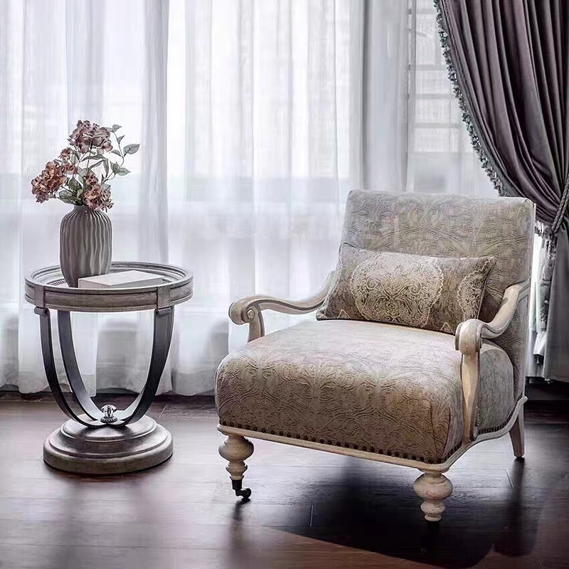 Rustic Damask Accent Chair with Roller Wheels, Nailhead Border, and Embroidered Details