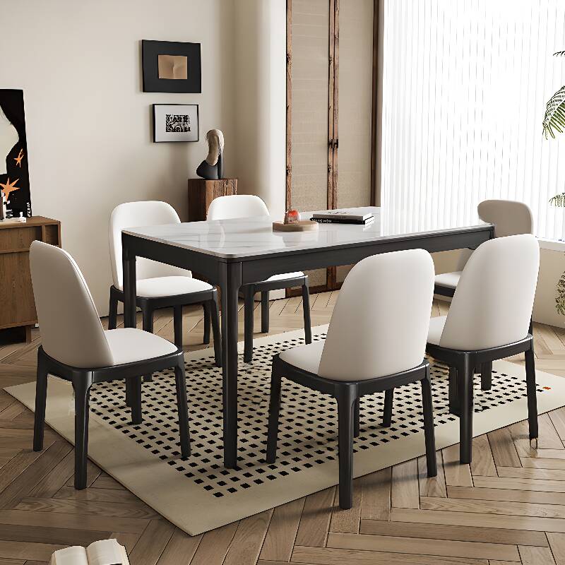 Chalk Slate Dining Table Set with Fixed Table, Upholstered Chair Back 6 People/4 Chairs