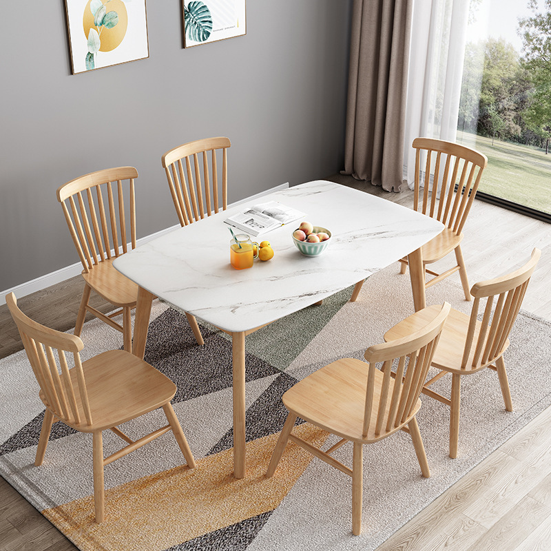 Art Deco Dining Table Set, Rectangular White Slate Top, Four Legs, Fixed Mechanism, Seats 4 to 6