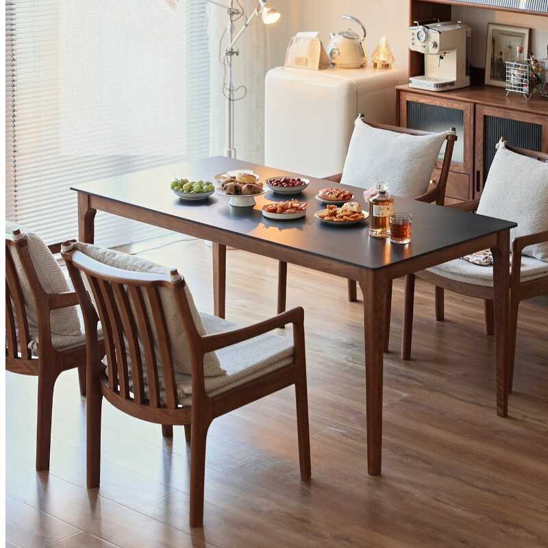 Art Deco Dining Table Set for 4 People with Upholstered Back, Upholstered Chairs, Arms, and Midnight Black Table Top