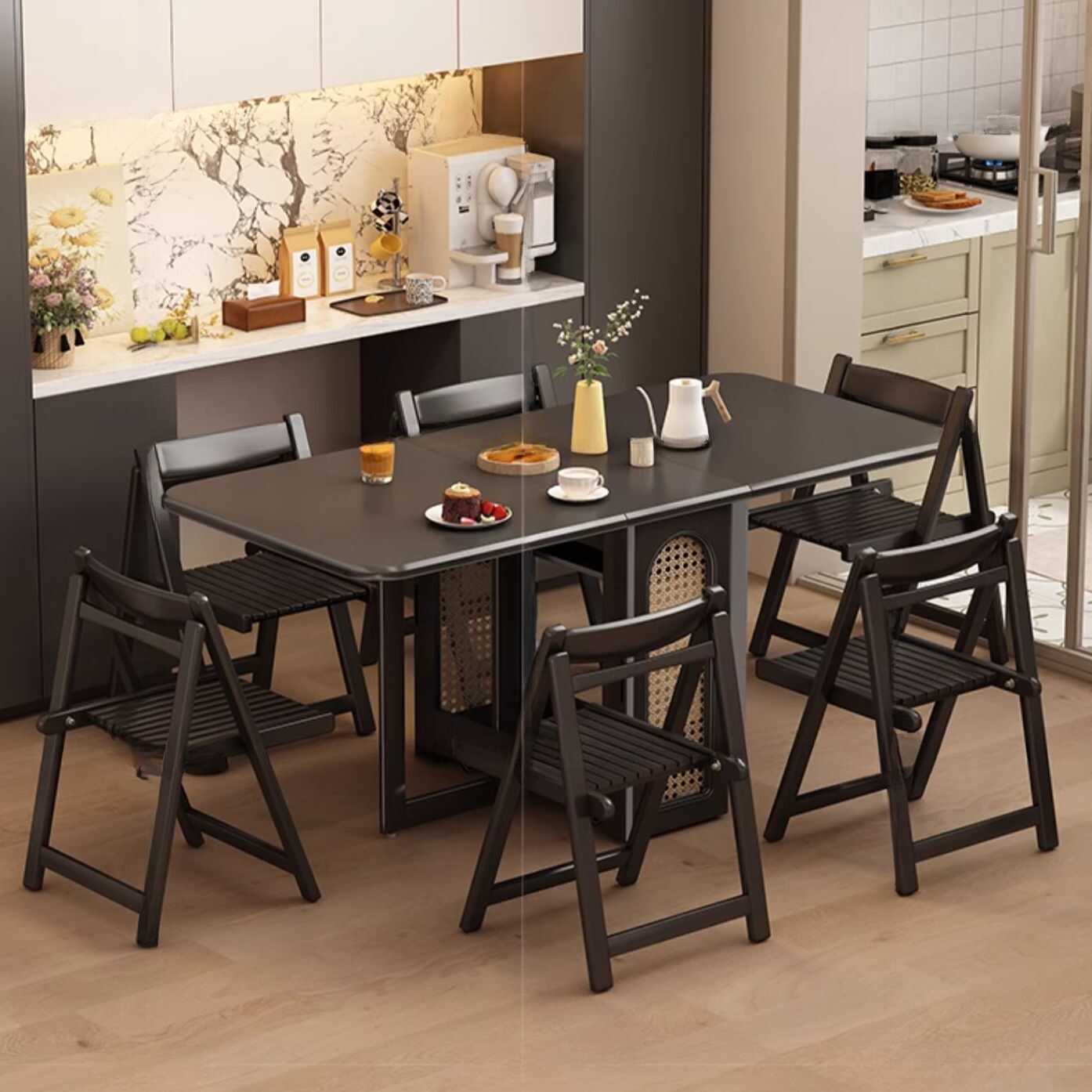 Dining Table Set with Manual Extension and Table Flap Mechanism