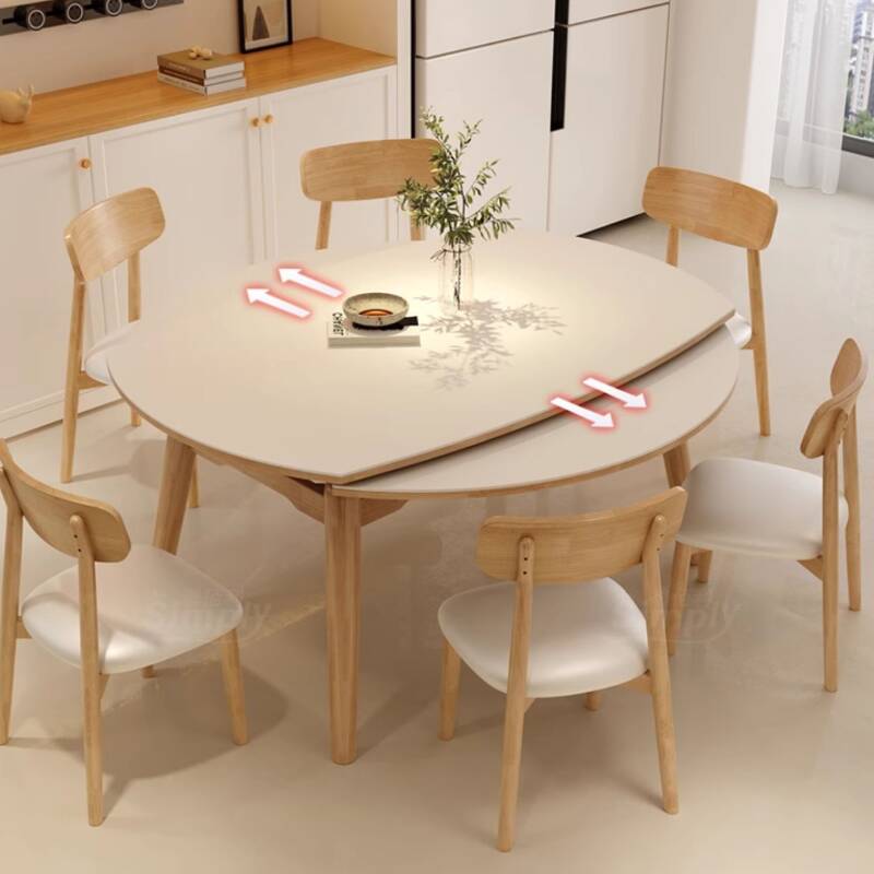 Casual Circular-shaped Dining Table Set with 6 People/4 Chairs & Fold-away Leaf, Back Padded Chair