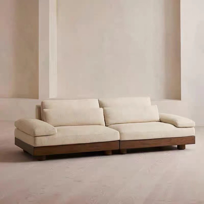 Art Deco Cream Floor Sofa with Pillow Back, Pillow Top Arm, Slipcover and 3 Pillows/2 Pillows for 4 Person/for 3/for 2