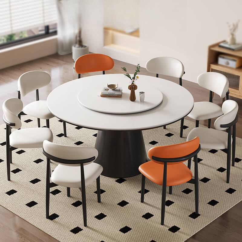 Circular-shaped Dining Table Set with Stump Base, Cushion Chair, Back, Seats 8 People/6 People, Chalk Colour