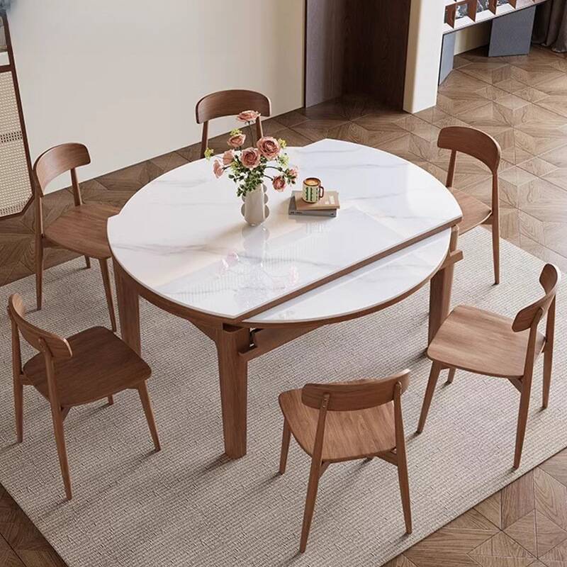 Shaker Style Circular Sintered Stone Dining Table Set with Four Legs, Self-Storing Leaf, and Seating for 4-6 in Chalk