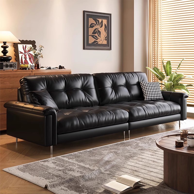 Standard Sofa with Biscuit Back in Midnight Black, Nailhead Decoration, 1 Pillow Included