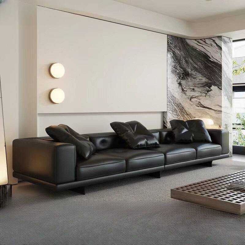 Contemporary Solid Colour Midnight Black Floor Sofa with Wide Pillow Back, Seats 3 to 4, Square Arm, and 3 to 4 Pillows