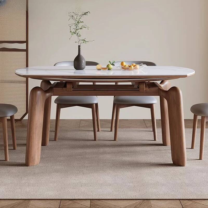 Rounded Stone Dining Table Set with Retractable Leaf & 4 Chairs/for 6, Back Cushion Chair