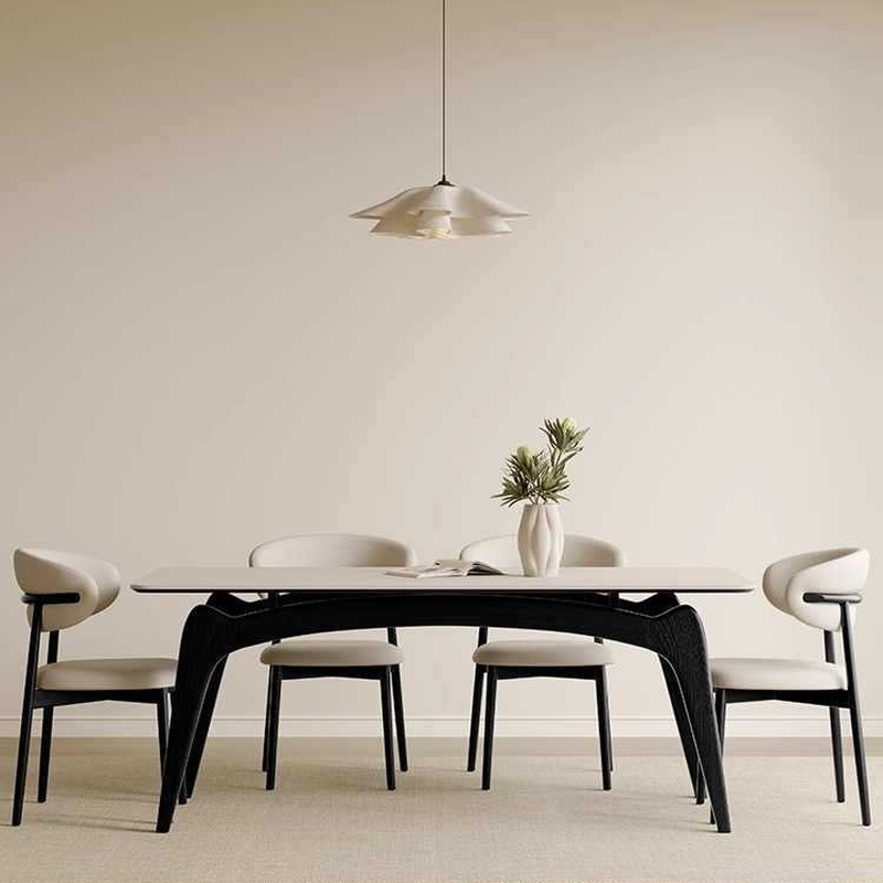 Rectangular Slate Dining Table Set with Padded Chairs, Back Support for 4 to 6 People in Chalk Colour