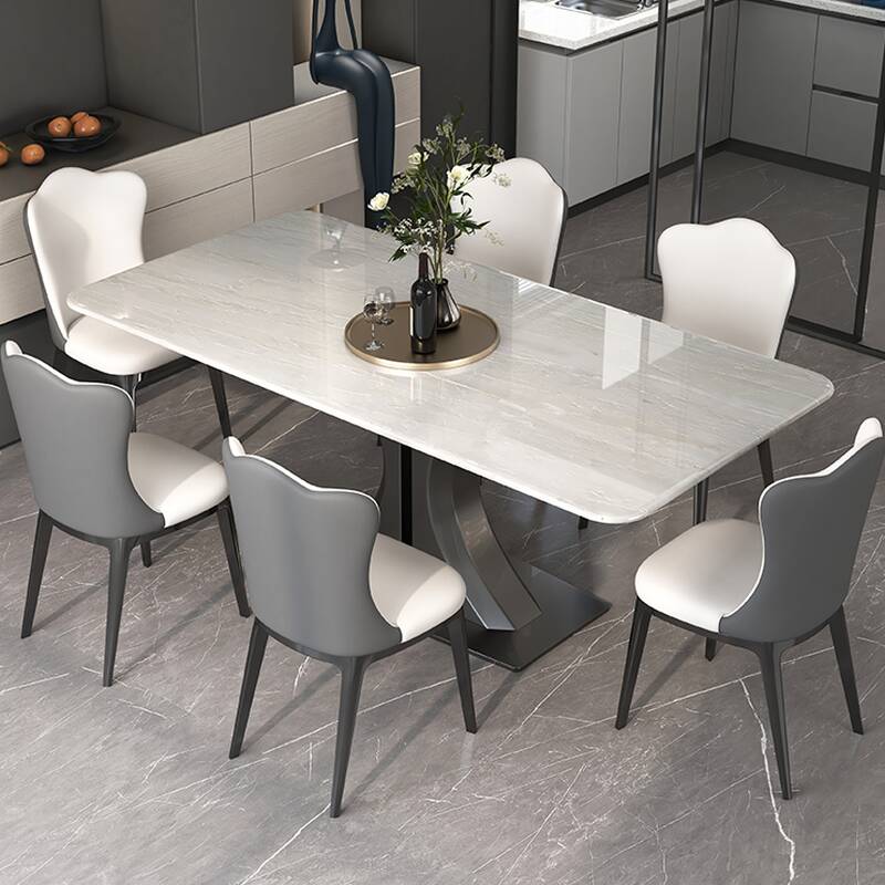 Chalk Slate Dining Table Set with Stump Base, Padded Chairs, and Back Support for 6/4 People