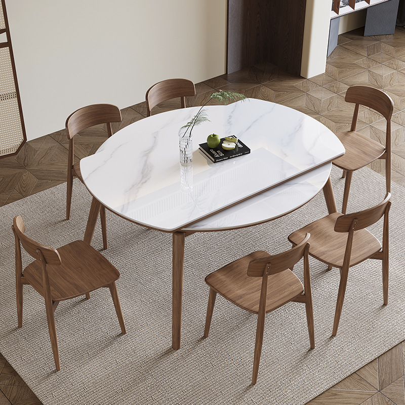 Simplistic Slate Orbicular Dining Table Set with 4 Legs, Collapsible Leaf for 4 People, White Top