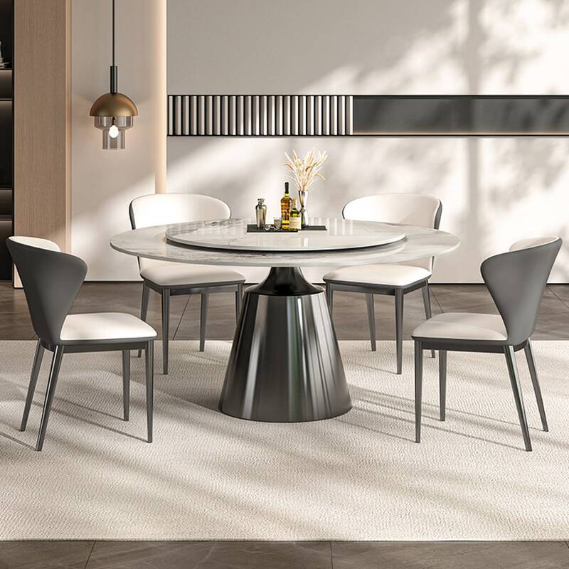 Circular-shaped Sintered Stone Dining Table Set with Stump Base, Solid Back Panel, Padded Chairs for 6/4 People