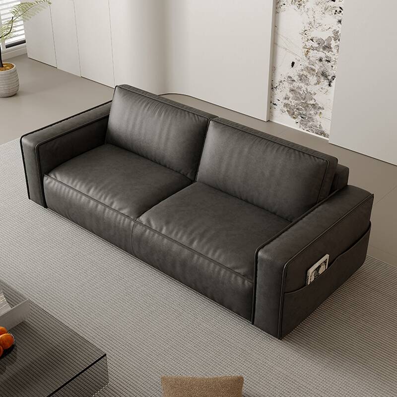 Scratch-defiant Cushion Back Futon Sofa with Pleather Upholstery, Seats 3, Stockroom Storage, Square Arm, and Versatile Bed Sizes