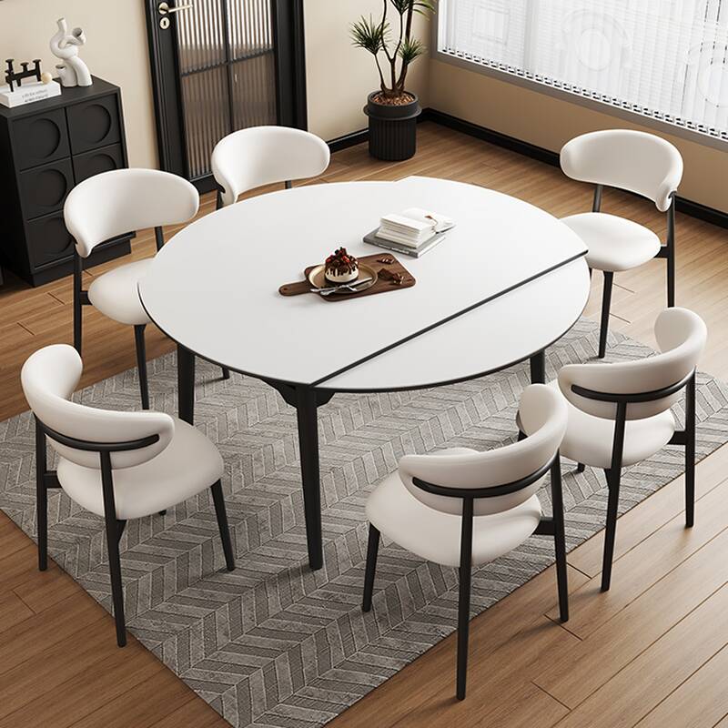 Orbicular Stone Dining Table Set for 6 Chairs/4 People with Collapsible Leaf and Low Back Cushion Chair