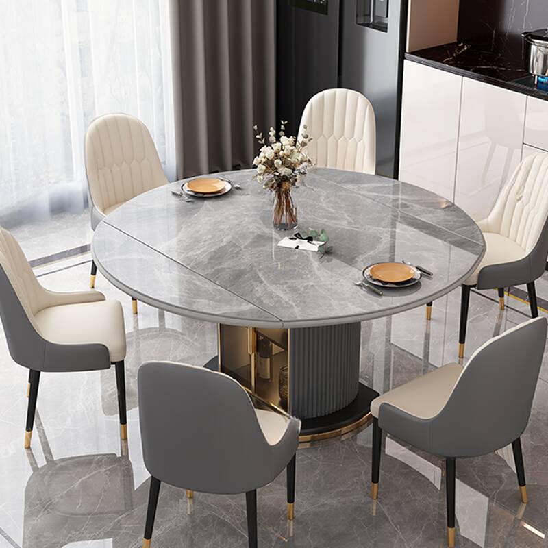 Slate Dining Table Set for 6/4 People, Gray Top with Receptacle Storage and LED Lighting