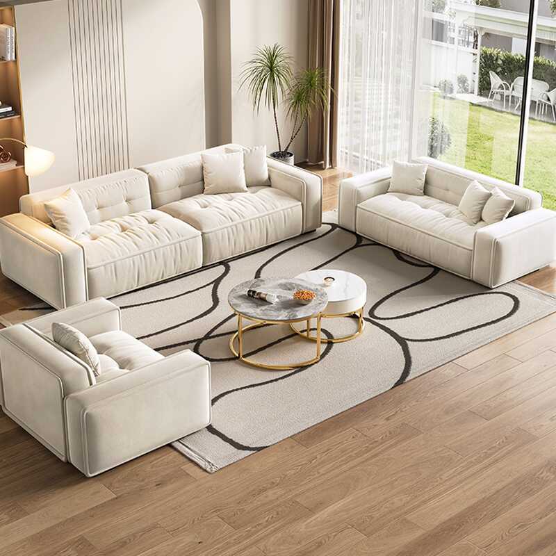 Minimalist Water Resistant Off-White Floor Sofa/Loveseat/Single Sofa with Tufted Back, Seats 2/3/4, Square Arm, 2 Pillows