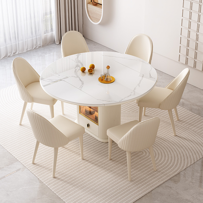 Trendy Dining Table Set with Rounded White Sintered Stone Top on Stump Base, Retractable Leaf, Seats 4/6