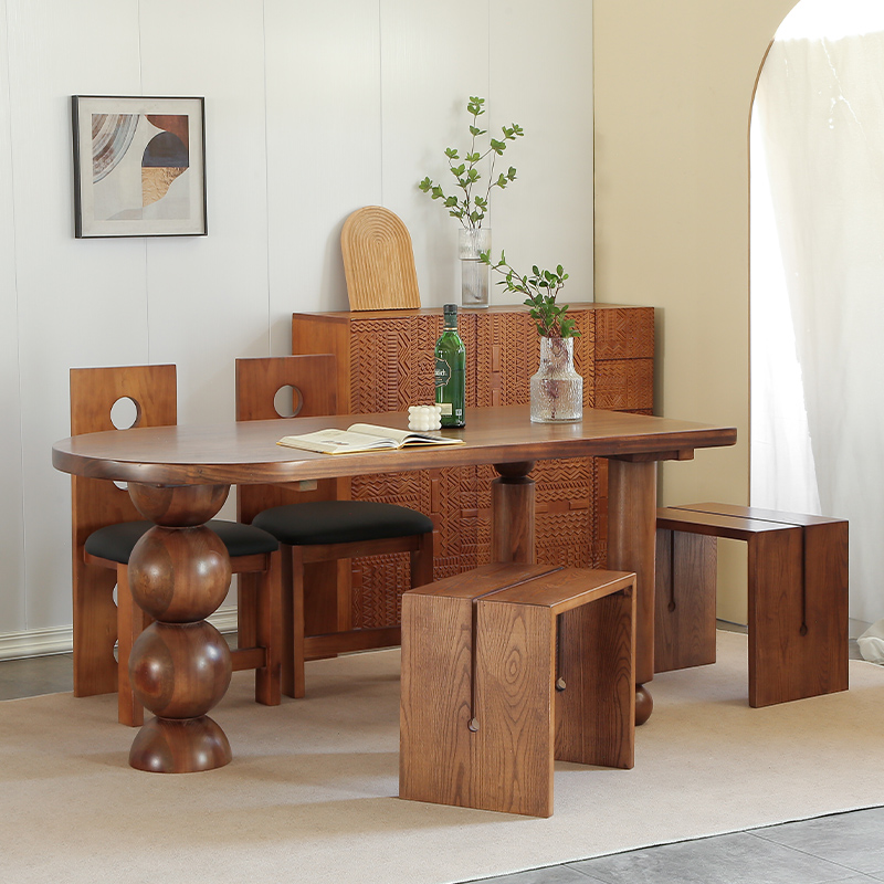 Contemporary Arch-Shaped Dining Table with Lumber Top in Natural Finish, Fixed Mechanism