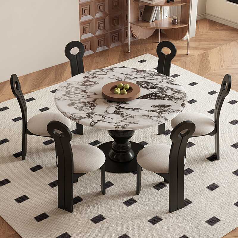 Simplistic Orbicular Dining Table Set with Genuine Marble Top and Stump Base