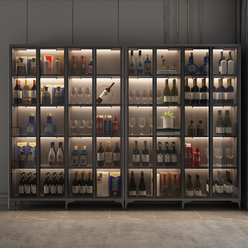 Midnight Black Metal Floor Above Fridge Cabinet with 2/1 Cabinets, 5/4 Shelves, Glass-panel Door, Lighting System