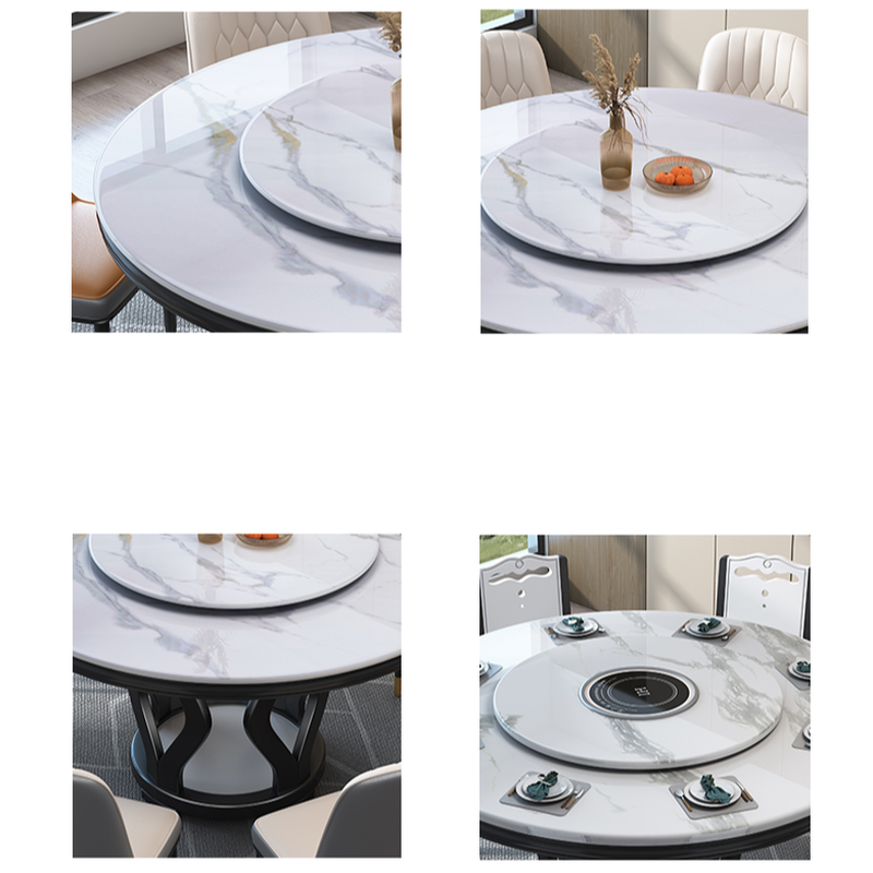 Simplistic Genuine Marble Orbicular Dining Table Set with Stump Base, Back Support, and Chalk Colour