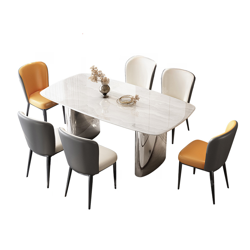 Slate Twin Support Dining Table Set with Cushion Chairs, Back, Seats 6, Chalk Colour