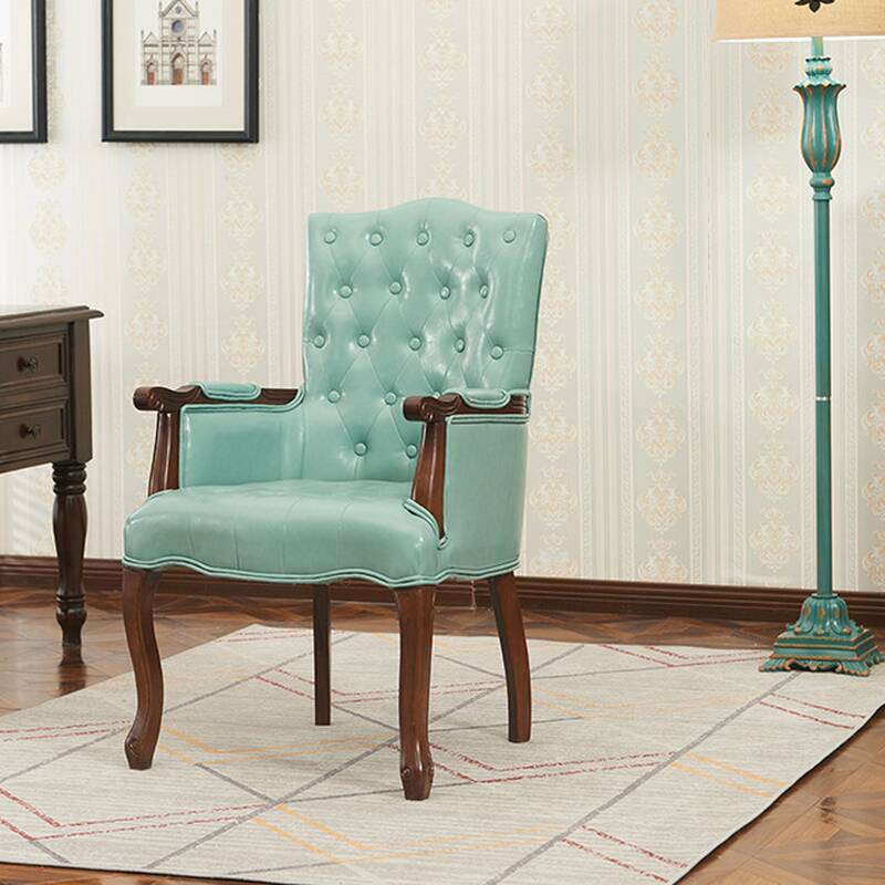 Old School Green/Cream/Blue Solid Colour Tufted Accent Chair with Rubberwood Recessed Arm and Tufted Back