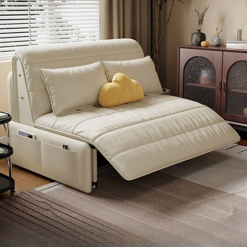 Stain Resistant Twin Size Sleeper Sofa with Sponge Fill and Pillow Back in Chalk, Accommodates 2 or 3 People