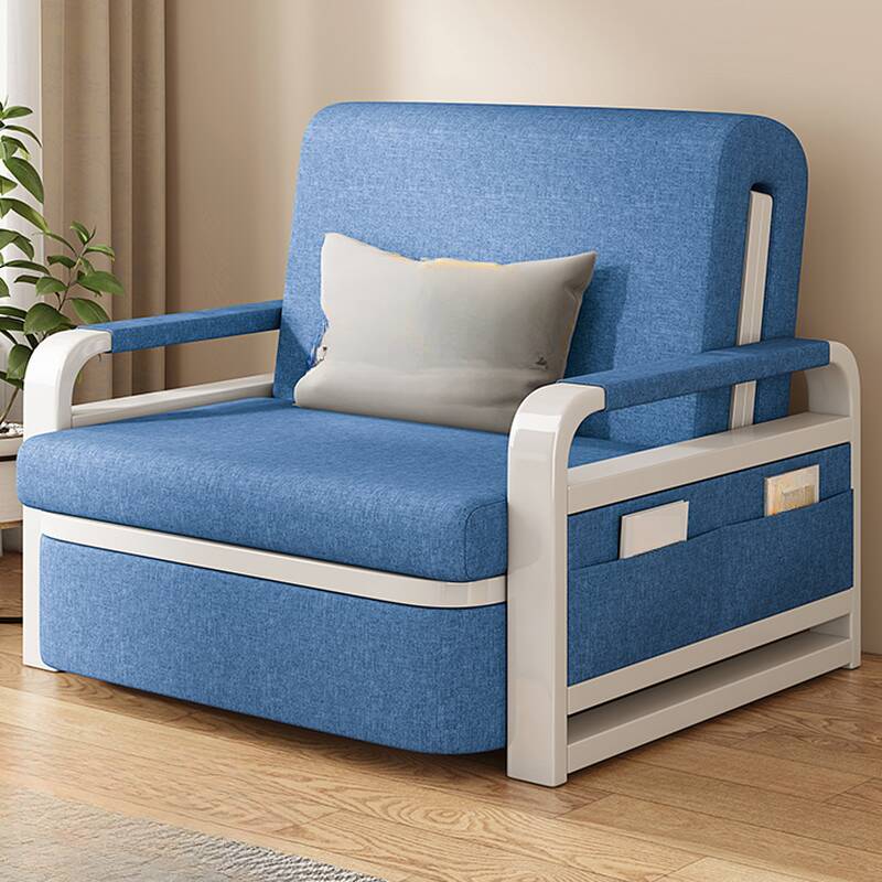 Steel Frame Slate Blue Sleeper Futon with Detachable Mattress, Cushion Back, Stockroom and Pillow for Single Seat