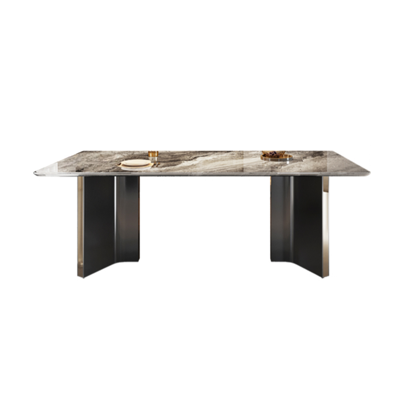 Simplistic Rectangle Slate Stone Dining Table Set with Twin Support Base, Multicolour Top