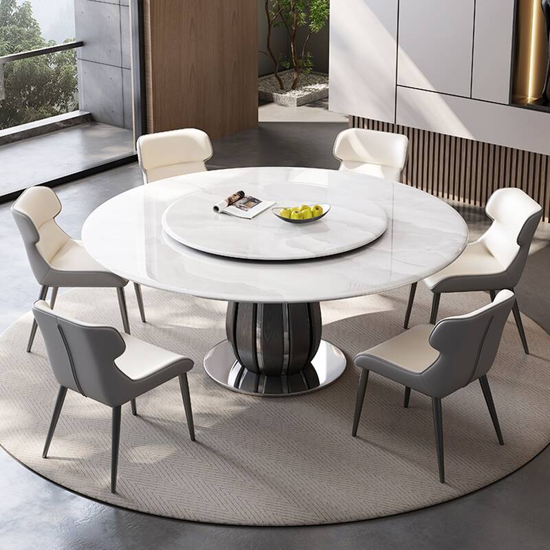 Circular-shaped Slate Stone Dining Table Set with Stump Base, Upholstered Back Chairs, Seats 6 People