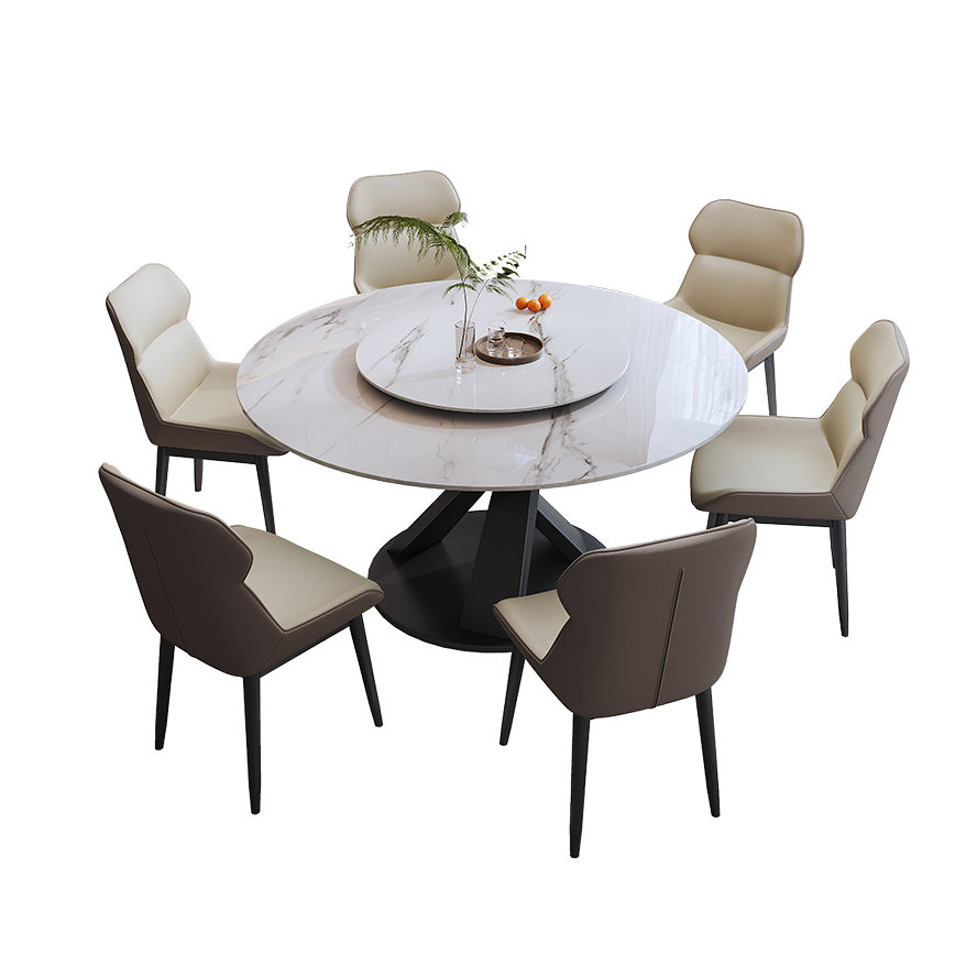 Retro Circular-shaped Slate Stone Dining Table Set with White Top, Stump Base, Fixed Mechanism for 6 People