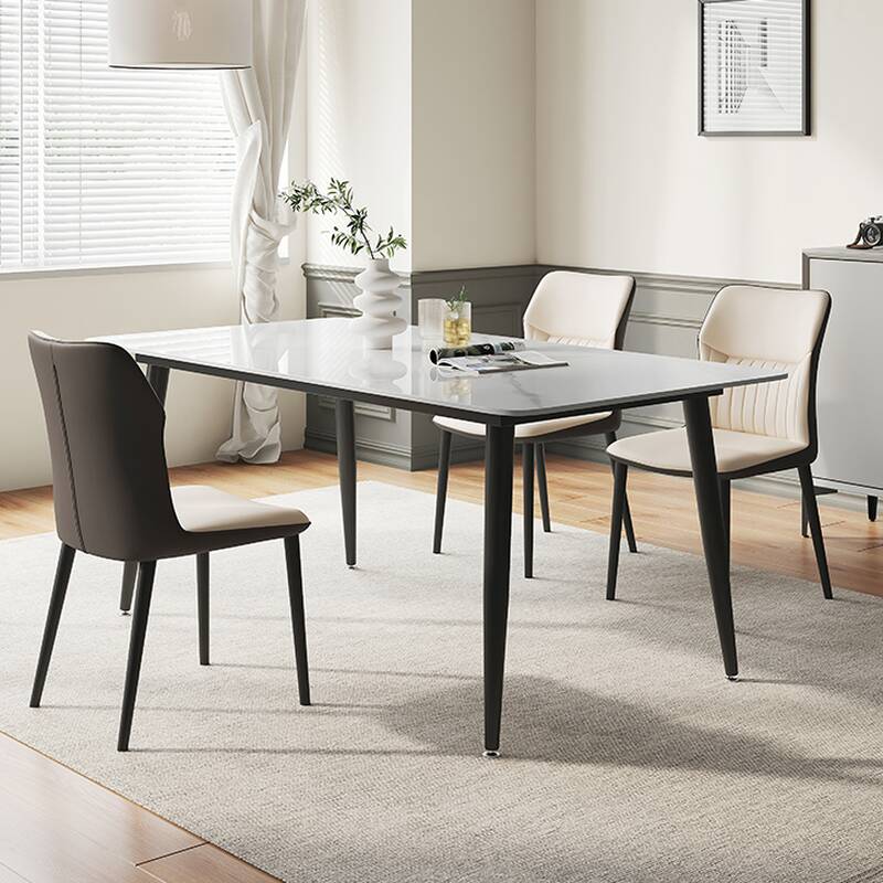 Chalk Sintered Stone Rectangular 6 People/4 Chairs Dining Table Set with Back Cushion Chair