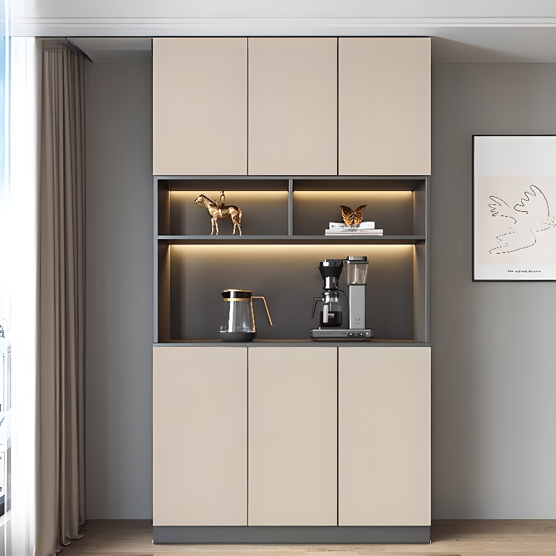 Cream Kitchen Cupboards with Locker, 7 Cabinets, 9 Shelves, and Unenclosed Storage