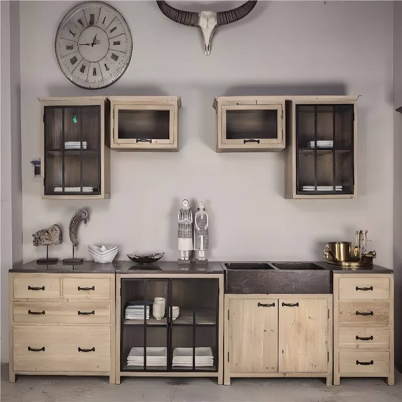 Light Brown Traditional Kitchen Storage Cabinet, Narrow Size, Two Internal Shelves, Kitchen Cupboards, Lumber Countertop, and Glass Doors