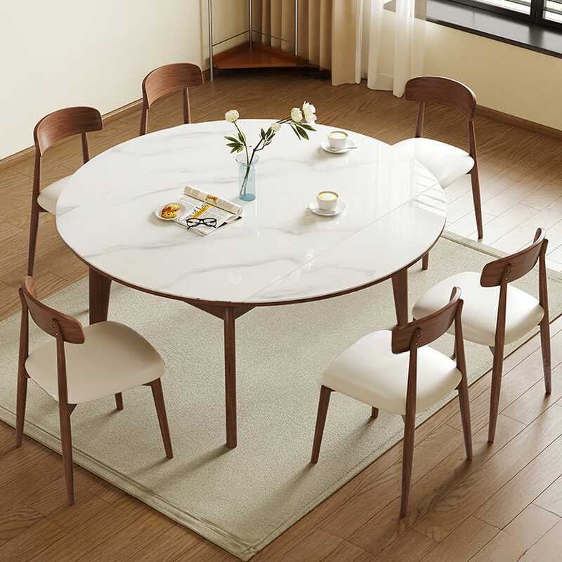 Orbicular Stone Dining Table Set with 4 Legs and Self-Storing Leaf, Chalk Colour, with Back Support