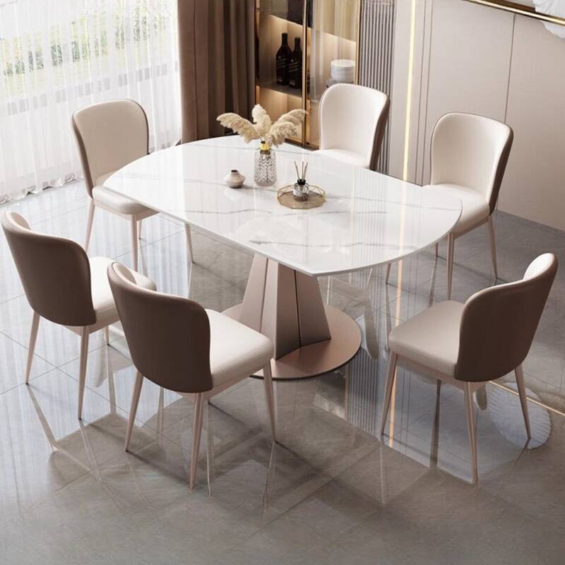 Fold-away Leaf Sintered Stone Dining Table Set with Upholstered Back and Padded Chairs, Rotatable in White