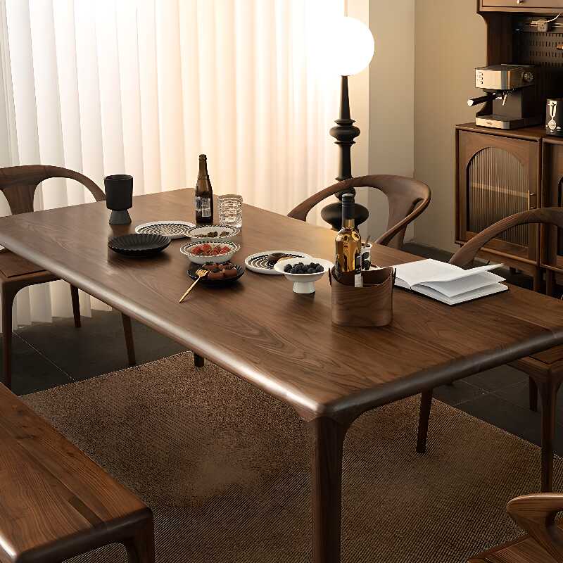 Contemporary Rectangular Dining Table with Natural Wood Top in Sepia, Fixed Mechanism