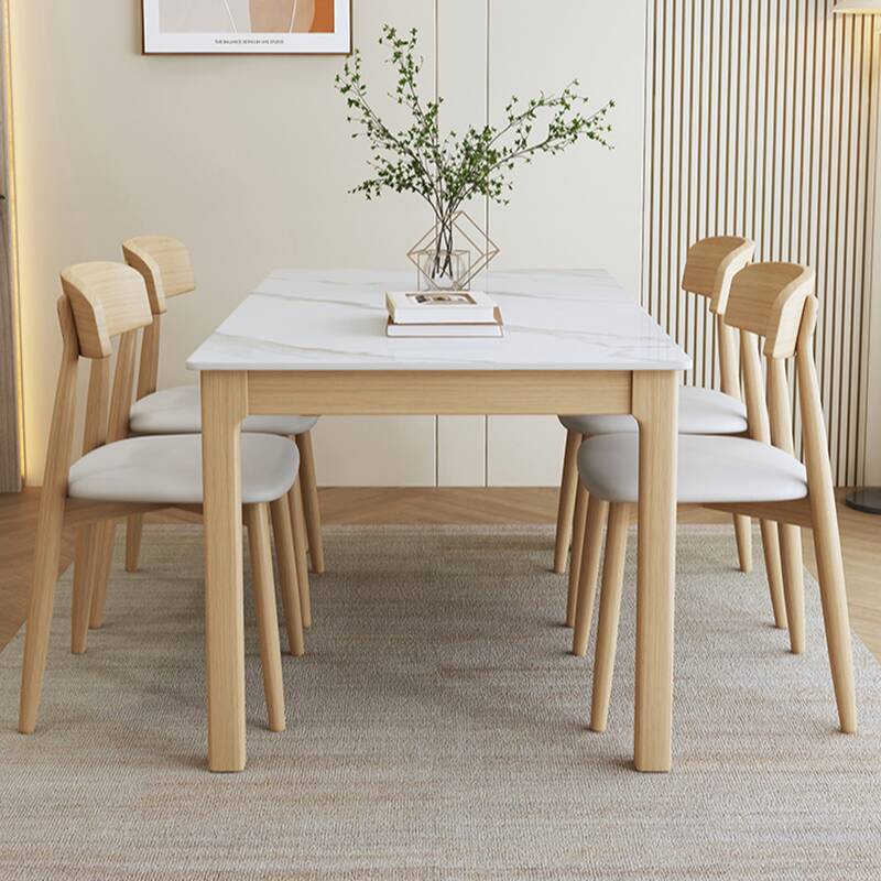 Contemporary Dining Table Set, Rectangular Slate Stone Top, White, 4 Legs, Fixed Mechanism