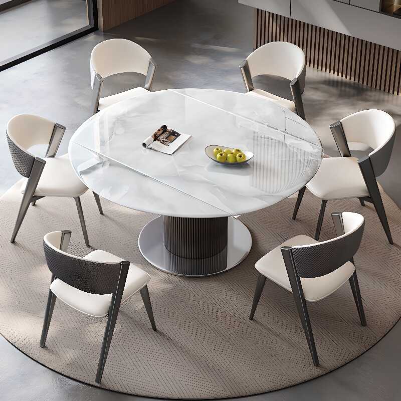 Orbicular Dining Table Set, Pedestal Base, Retractable Leaf, Cushion Chair, Back, White Top