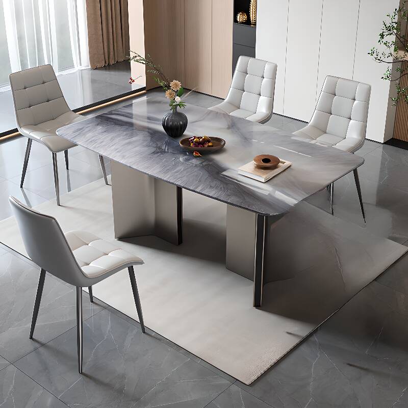 Rectangle Slate Stone Dining Table Set for 4 People with Dual Footing, Solid Back Panel, and Cushion Chair