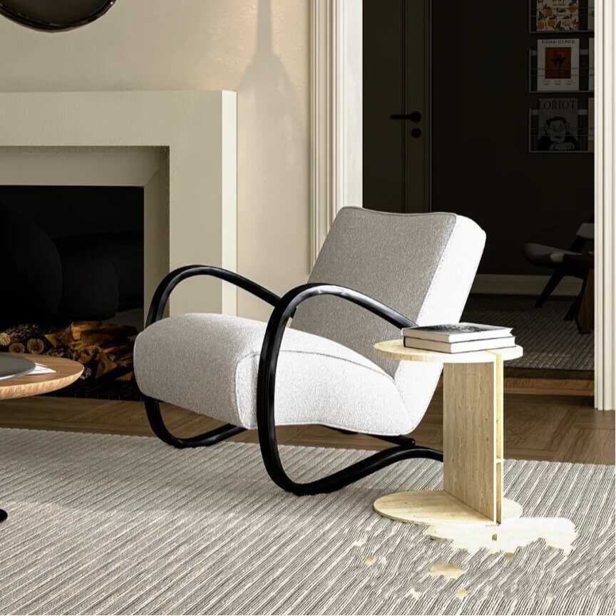 Cream/White/Green Solid Colour Foam Arm Chair with Wood Armrest and Fixed Back in a Modern Simple Style