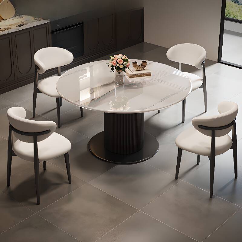 Circular-shaped Slate Stone Dining Table Set with Stump Base, Fixed Mechanism, Cushioned Chairs, and Back Support