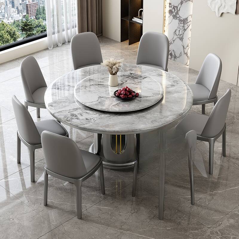 Versatile Gray Marble Stone Dining Table Set, Seats 4-8, with Rotatable Feature