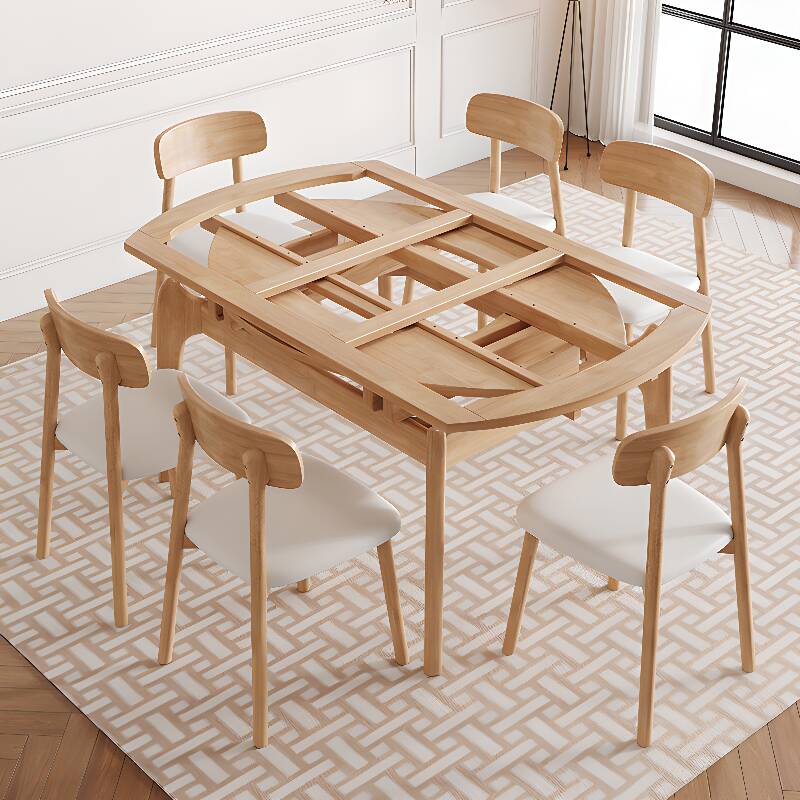 Circular White Slate Dining Table Set for 6 Chairs with Back and Fold-away Leaf