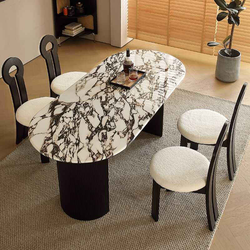 Chic Oval Multicolour Genuine Marble Dining Table Set for Chairs