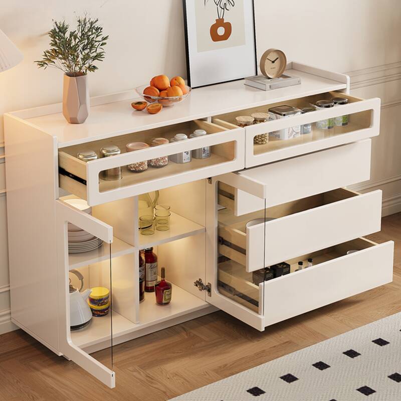 Beige Modern Composite Wood Narrow/Standard Sideboard with Glazed Door, 2 Shelves, and 5 Drawers/1 Drawer/6 Drawers