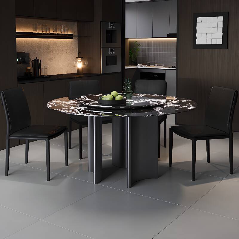 Modern Orbicular Marble Stone Dining Table Set with 3-Leg Base in Midnight Black