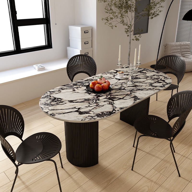 Elegant Oval Genuine Marble Dining Table Set for 4 Chairs